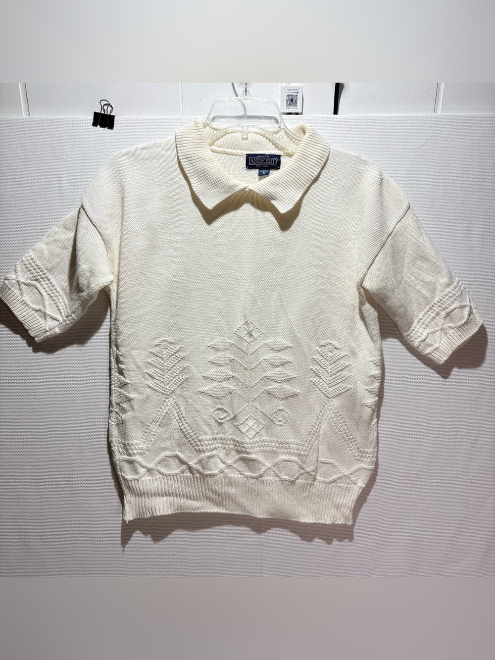 Vintage Black Lands' End Cream Short-Sleeve Knit Polo Sweater